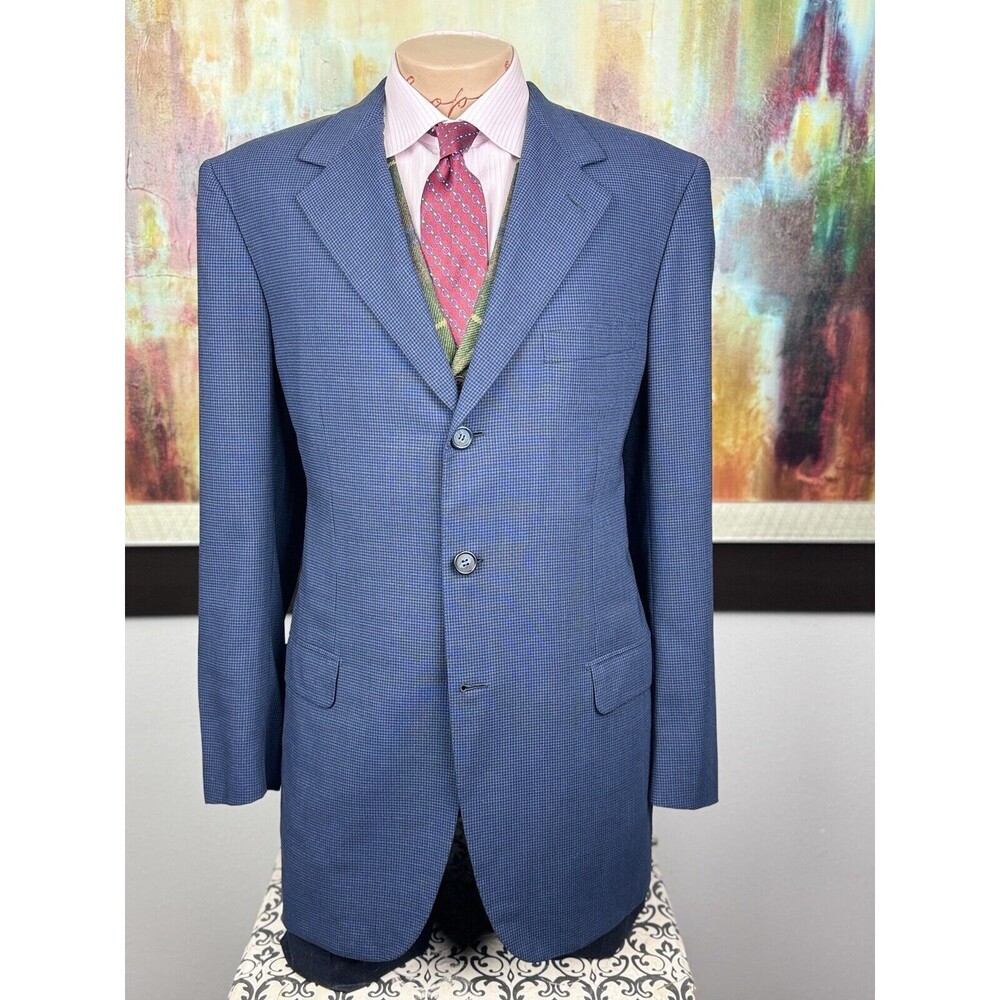 Brioni Mens Blue Houndstooth Sport Coat 44L Made In Italy